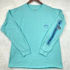Guy Harvey Shirt Mens Large Blue Long Sleeve Pocket Tee Sailfish Boat Graphic